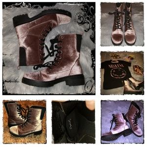 Dolls Kill - Qupid Pink Velvet Combat Boots